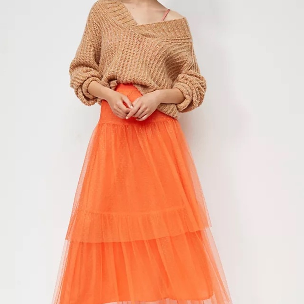 Anthropologie Orange Tiered Tulle Maxi Skirt - Women Size Small - Picture 2 of 3